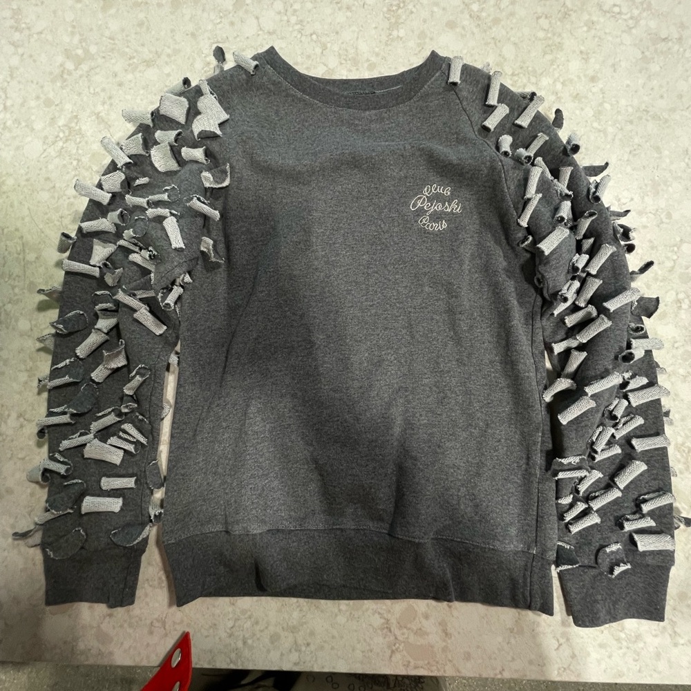 Gray Crew Neck Sweater with Unique Sleeve Design